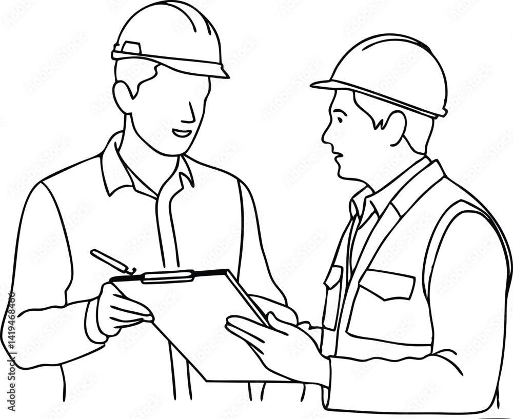 Line art of Two Architects, engineers, worker, builders with helmets and clipboard Line art of Two Architects, engineers, worker, builders with helmets and clipboard