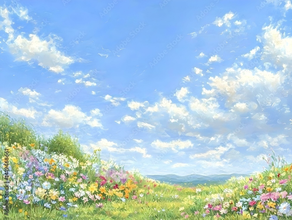 Vibrant wildflowers bloom under a bright blue sky with fluffy clouds. Serene landscape painting. Vibrant wildflowers bloom under a bright blue sky with fluffy clouds. Serene landscape painting.
