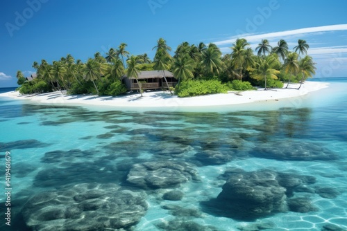 Beautiful tropical island with water bungalows and beach. Tropical island with few palm trees and blue lagoon. Travel concept. Vacation concept with copy space. Aerial view.