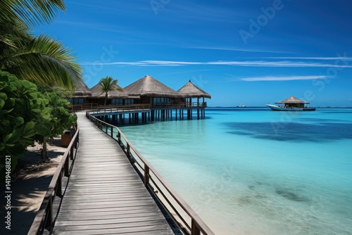 Beautiful tropical island with water bungalows and beach. Tropical island with few palm trees and blue lagoon. Travel concept. Vacation concept with copy space. Aerial view.