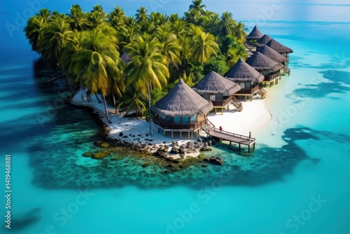 Beautiful tropical island with water bungalows and beach. Tropical island with few palm trees and blue lagoon. Travel concept. Vacation concept with copy space. Aerial view.