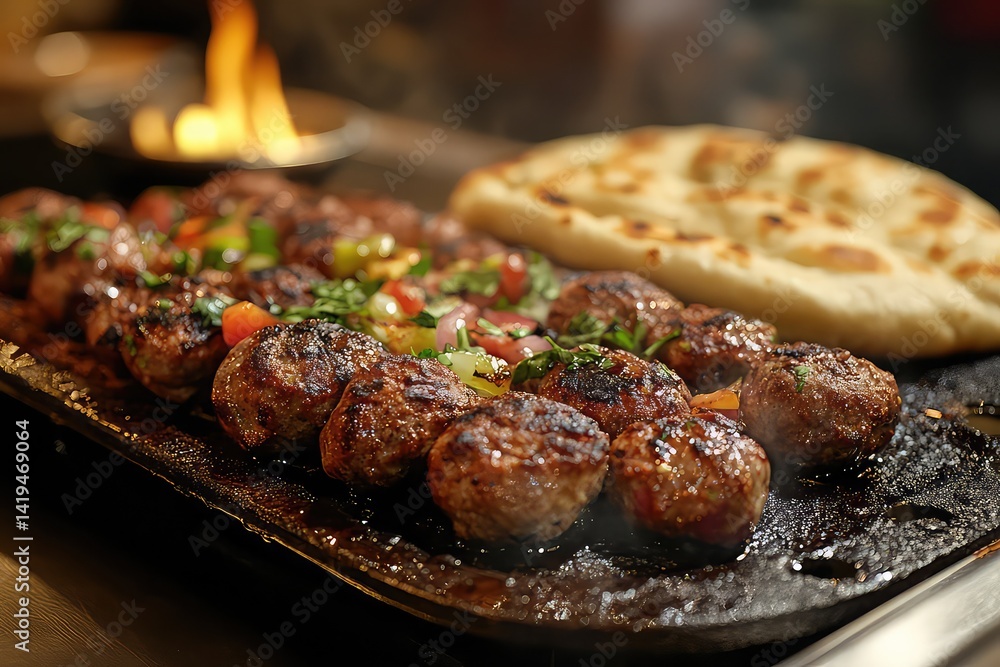 Kebabs sizzling on a hot griddle garlic naan puffing up on the side steamy Kebabs sizzling on a hot griddle garlic naan puffing up on the side steamy