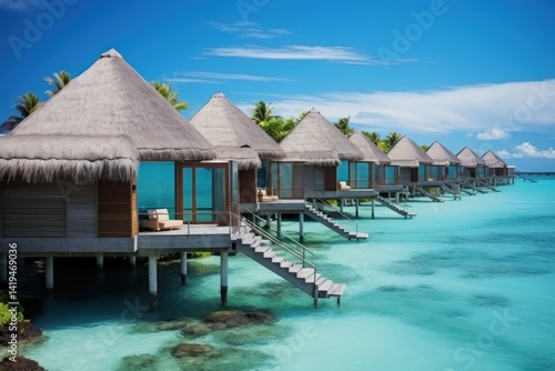 Beautiful tropical island with water bungalows and beach. Tropical island with few palm trees and blue lagoon. Travel concept. Vacation concept with copy space. Aerial view.