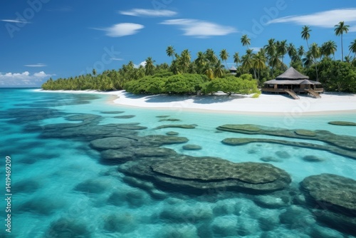 Beautiful tropical island with water bungalows and beach. Tropical island with few palm trees and blue lagoon. Travel concept. Vacation concept with copy space. Aerial view.
