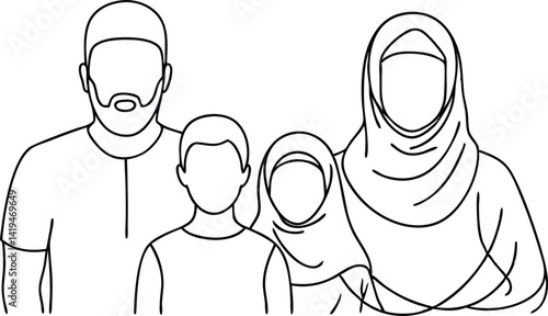 Minimalist Outline of Muslim Family with Father, Mother, Son, and Daughter