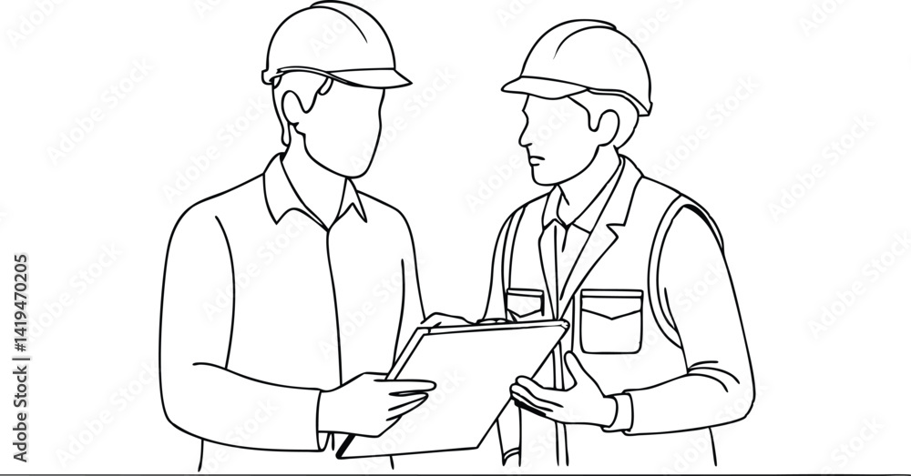 Outline Two Men Wearing Hard Hats Discussing Over Clipboard, Black and White Line Art Outline Two Men Wearing Hard Hats Discussing Over Clipboard, Black and White Line Art