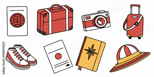 Travel Vacation Packing Essentials Illustration Suitcase Passport Camera Shoes Hat Notebook