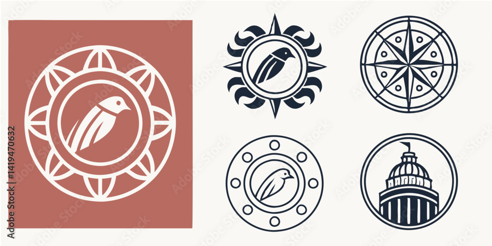Vector Circular Minimalist Bird Compass Building Emblems Design Set Vector Circular Minimalist Bird Compass Building Emblems Design Set