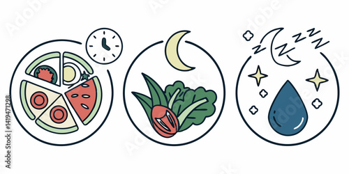 Healthy Eating Habits Icons Meal Timing Evening Meal Hydration and Sleep Vector Illustration