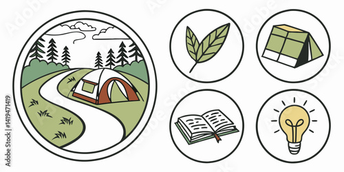 Cartoon Camping Adventure Icons: Tent, Nature Scene, Leaves, Book, Light Bulb Vector Icon Graphic Image Design Elements Collection Set