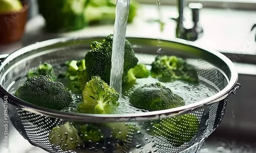 Fresh broccoli being washed under running water in a modern kitchen sink
