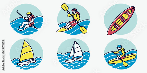 Vector Water Sports Icons: Kayak, Canoe, SUP, Sailboat, Windsurf Board Illustrations