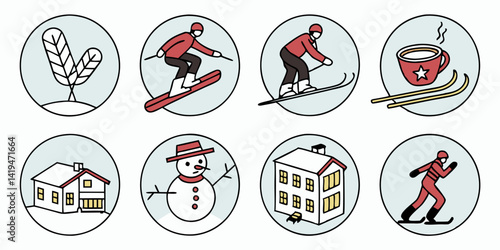 Winter Activities Icons Set: Skiing, Snowboarding, Snowman, Hot Chocolate, Houses, Trees Vector Graphic Illustrations