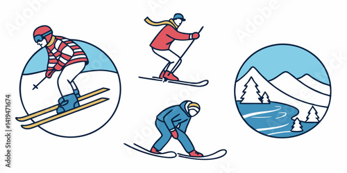 Winter Skiing Line Art: Skiers, Snow, Mountains, Winter Sports Illustrations