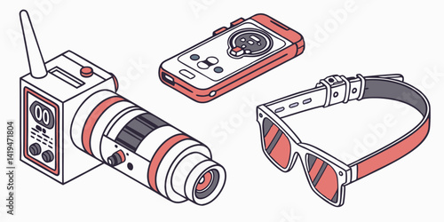 Vintage Isometric Tech Gadgets Retro Camera Smartphone Sunglasses Art