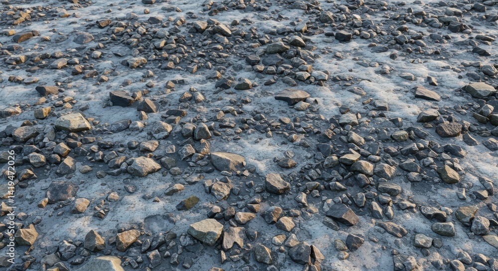 Landscape featuring stones and ice creating a textured ground surface Landscape featuring stones and ice creating a textured ground surface