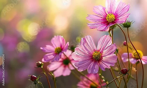 Close-up of pink cosmos flowers in bloom with soft bokeh background during spring
