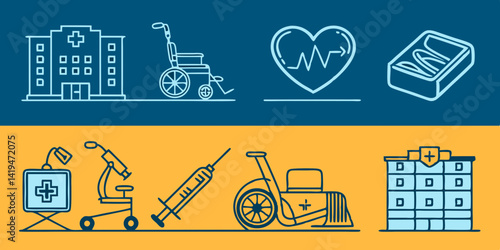 Medical Line Art Icons Healthcare Hospital Wheelchair Heart Syringe Pills