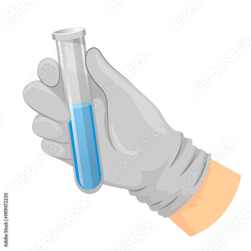 a hand in a gray glove holds a test tube with liquid