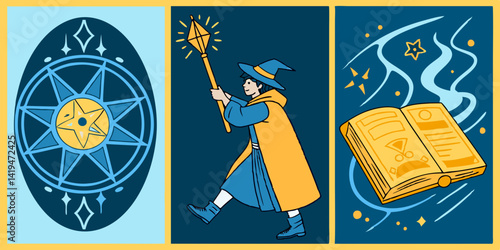 Colorful Cartoon Fantasy Wizard Magic Staff Book Star Geometric Art