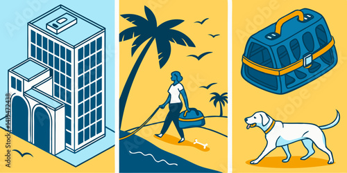 Isometric Beach Vacation Illustration: Dog, Crate, City Building