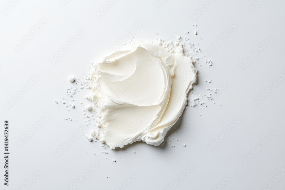 Creamy spread on a white surface. A smooth, creamy substance, likely a dairy-based product, sits on a white background. Small specks of a powdered substance, possibly flour, Creamy spread on a white surface. A smooth, creamy substance, likely a dairy-based product, sits on a white background. Small specks of a powdered substance, possibly flour,