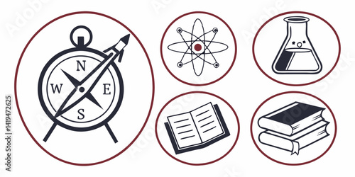 Circular Science Education Icons Compass Atom Flask Books Vector Illustration