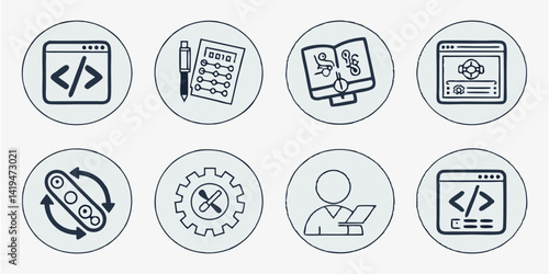 Circular Line Art Tech & Business Icons: Coding, Web Development, Finance, Education, Automation, Engineering, C++