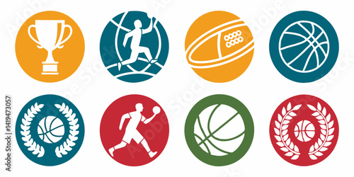 Colorful Sports Icons Set Basketball Rugby Trophy Award Laurel Vector Illustration
