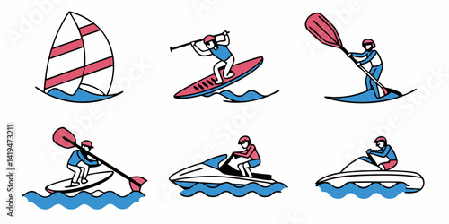 Cartoon Water Sports Icons Windsurfing Paddleboarding Kayaking Jet Ski Rafting Illustrations