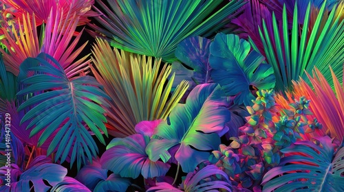 Vibrant tropical leaves in a surreal, neon color palette.  The image features a dense collection of various tropical foliage in bright, unrealistic colors.