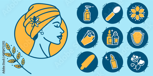 Illustrated Woman with Towel and Beauty Skincare Product Icons