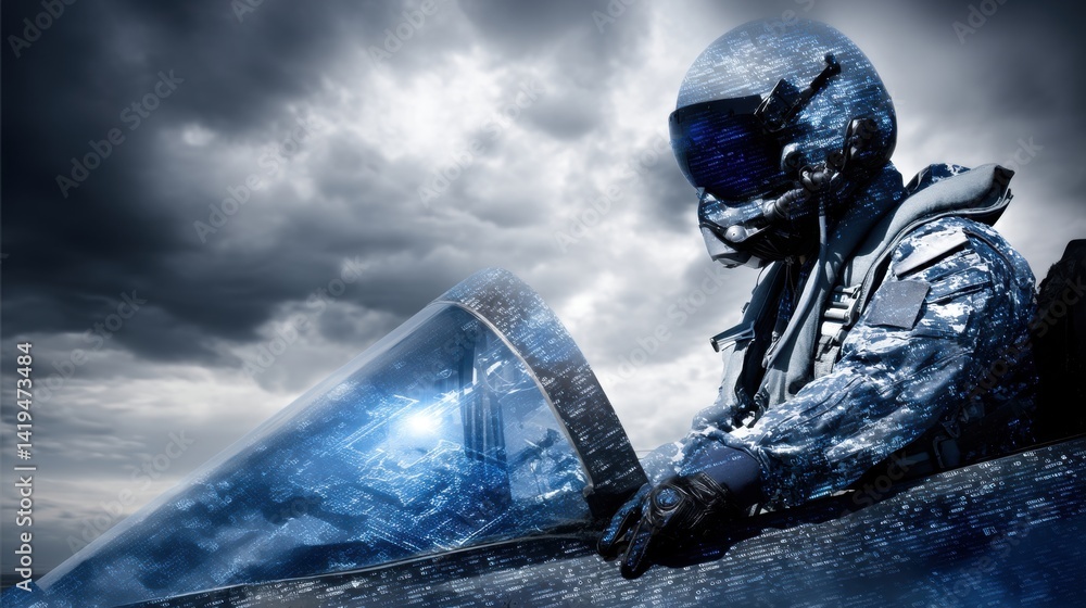 Obraz premium A futuristic pilot in a high-tech cockpit, surrounded by dramatic clouds, captures the essence of modern aviation and technology.