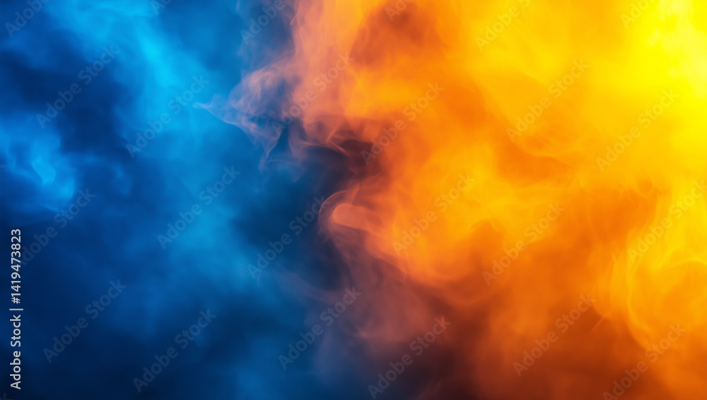 Abstract background with blend of blue, orange, and yellow colors creating smoky effect. vibrant hues evoke sense of energy and movement, perfect for artistic projects Abstract background with blend of blue, orange, and yellow colors creating smoky effect. vibrant hues evoke sense of energy and movement, perfect for artistic projects