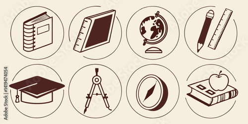 School and Education Icons Brown Line Art Set Book Globe Compass Graduation Cap Pencil Ruler Apple