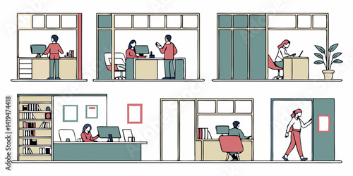Modern Office Cubicles Flat Vector: People Working at Desks Illustration