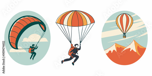 Vintage Air Sports Vector Icons Paragliding Parachuting Hot Air Balloon Adventure Travel Recreation Illustrations