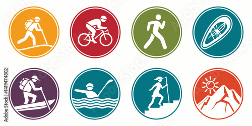 Vector Outdoor Recreation Icons Hiking Biking Swimming Climbing Snowshoeing Canoeing