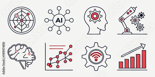 AI Technology Vector Icons Set: Brain, Gears, Robot Arm, Data, Growth, Innovation