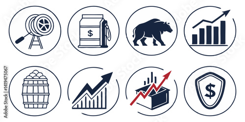 Finance Investment Vector Icons Set - Stock Market, Oil, Growth, Bear, Financial Security, Analysis