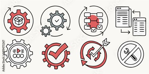 Vector Line Art Icons Process Workflow Automation Gears Checkmark Target Set