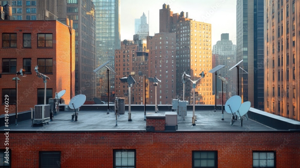 Wind power generator turbines on an urban building roof Wind power generator turbines on an urban building roof
