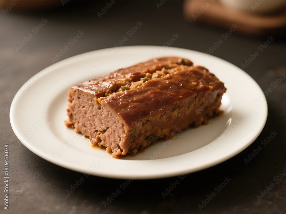 Sliced meatloaf with rosemary on a white plate, placed on a wooden surface. Perfect for food blogs, recipe websites, and menus. Sliced meatloaf with rosemary on a white plate, placed on a wooden surface. Perfect for food blogs, recipe websites, and menus.