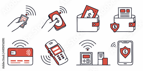 Secure Mobile Contactless Payment Icons Vector Line Art