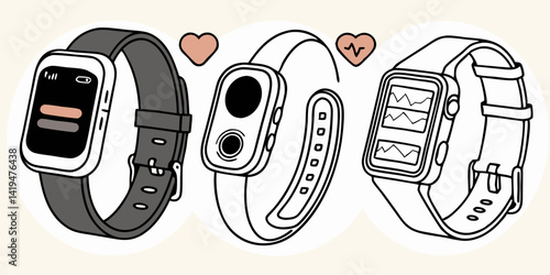 Three Smartwatches Fitness Trackers Wearable Tech Health Heart Icons Line Art Illustration