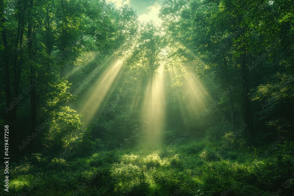 Fototapeta premium Sunlight filtering through a dense forest