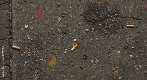 Discarded chewing gum and cigarette butts littering the urban sidewalk