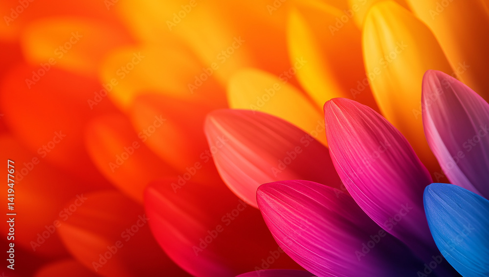 Fototapeta premium Vibrant gradient of colorful petals in shades of orange, pink, and purple, creating warm and inviting atmosphere. soft focus adds dreamy quality to image