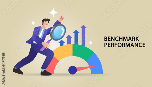 Benchmark performance and business analysis concept. A businessman with a magnifying glass measures a high KPI score on a gauge meter and analyzes a growth chart, representing success and improvement.