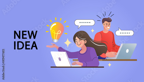 A man and a woman work on laptops, with a glowing lightbulb for a new idea. This vector illustration represents creative thinking, collaboration, and teamwork for innovation and business strategy.